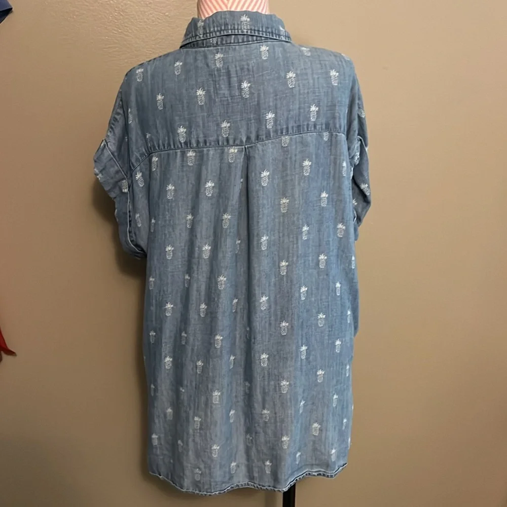 Rails Chambray blue pineapple short sleeve button up down lyocell linen - M - Picture 5 of 7